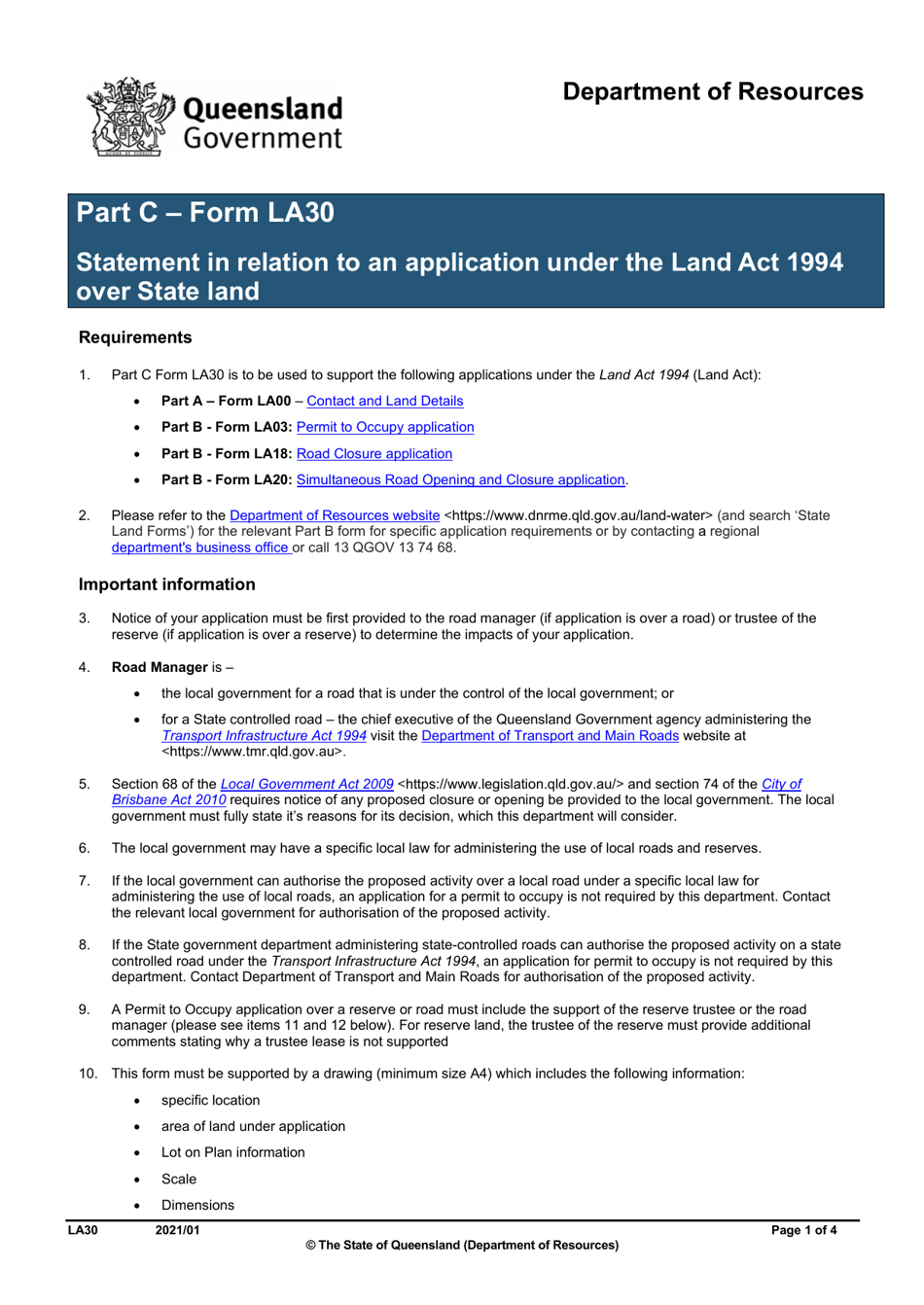 Form LA30 Part C Statement in Relation to an Application Under the Land Act 1994 Over State Land - Queensland, Australia, Page 1