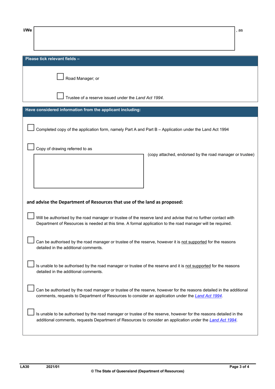 Form LA30 Part C Statement in Relation to an Application Under the Land Act 1994 Over State Land - Queensland, Australia, Page 3