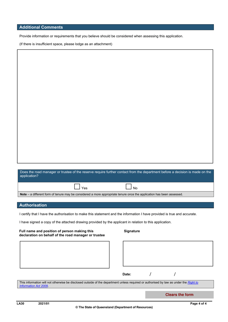Form LA30 Part C Statement in Relation to an Application Under the Land Act 1994 Over State Land - Queensland, Australia, Page 4