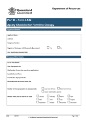 Form LA32 Part D Apiary Checklist for Permit to Occupy - Queensland, Australia