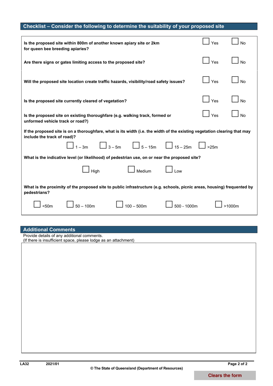 Form LA32 Part D Apiary Checklist for Permit to Occupy - Queensland, Australia, Page 2