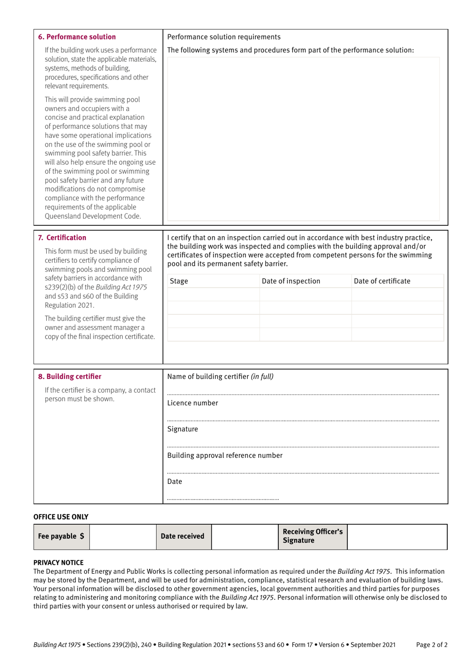 Form 17 Final Inspection Certificate - Swimming Pools and Swimming Pool Fencing - Queensland, Australia, Page 2