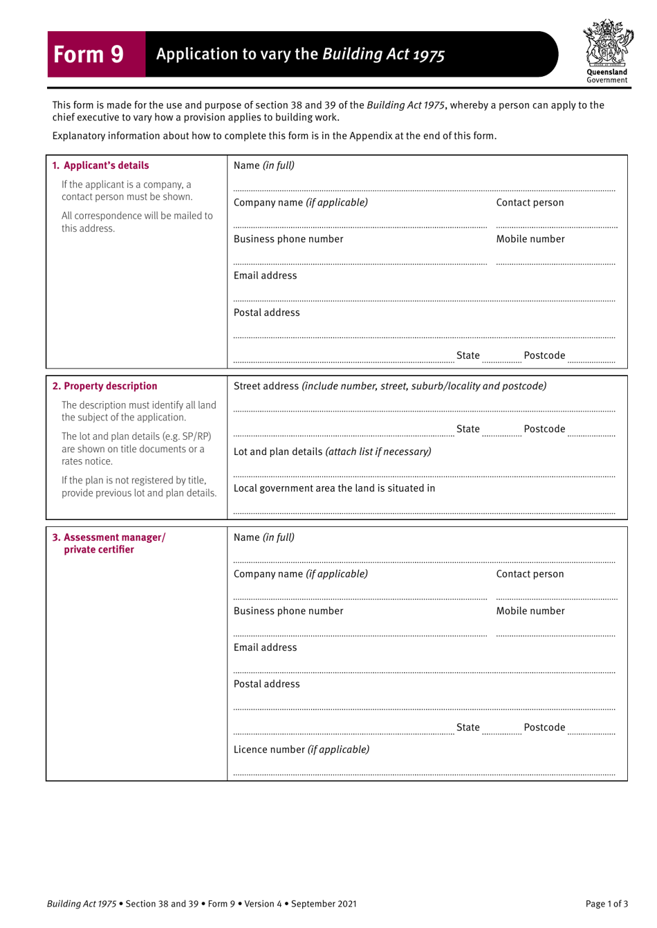 Form 9 Application to Vary the Building Act 1975 - Queensland, Australia, Page 1