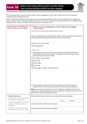 Form 18 &quot;Notice to the Owner (Where Owner Is Not the Client) That a Private Building Certifier Has Been Engaged&quot; - Queensland, Australia