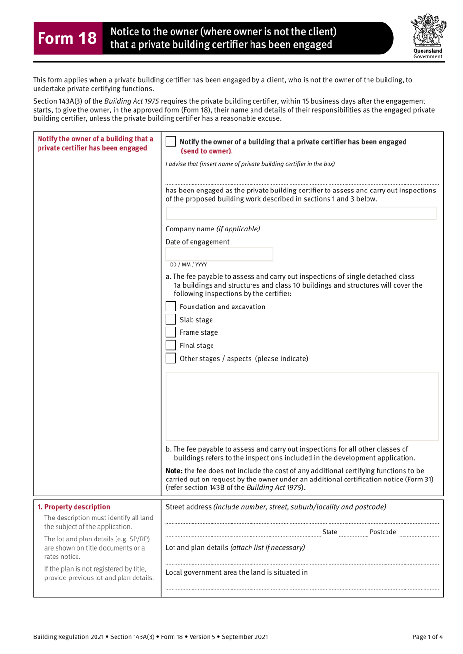 Form 18 Notice to the Owner (Where Owner Is Not the Client) That a Private Building Certifier Has Been Engaged - Queensland, Australia, Page 1