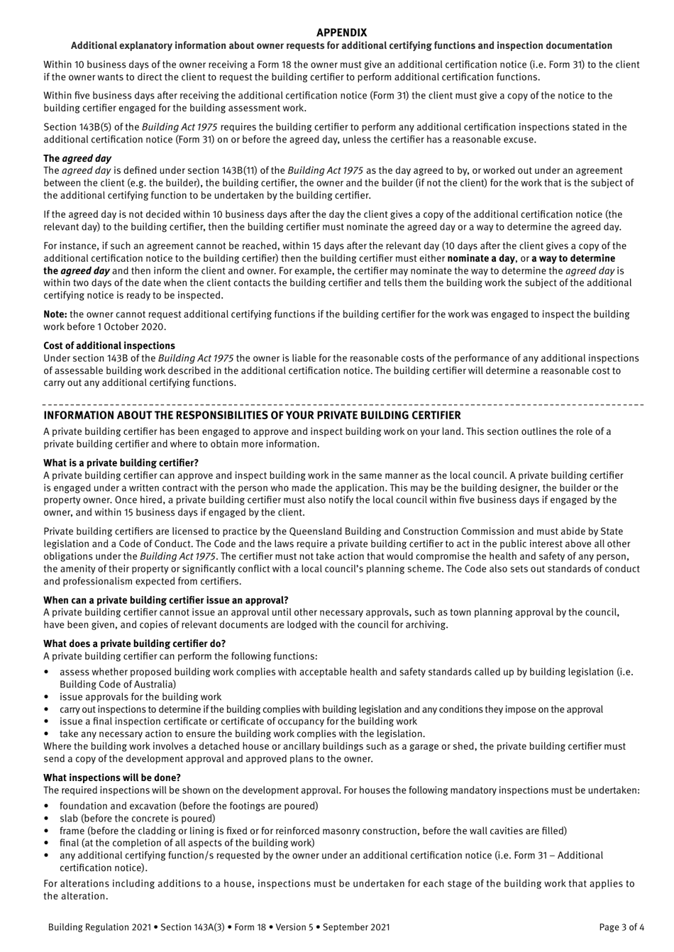 Form 18 Notice to the Owner (Where Owner Is Not the Client) That a Private Building Certifier Has Been Engaged - Queensland, Australia, Page 3