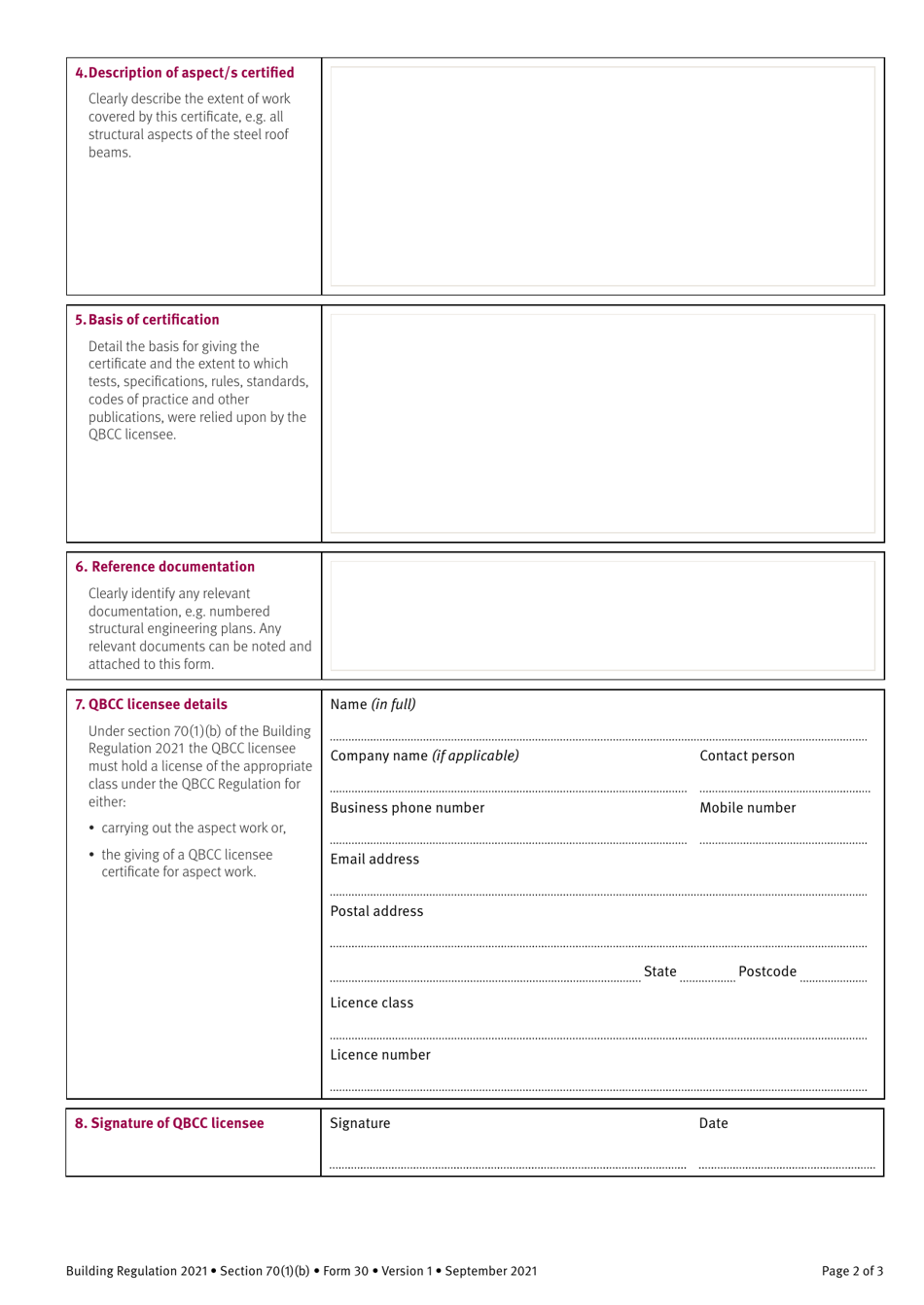 Form 30 Qbcc Licensee Aspect Certificate for Accepted Development (Self-assessable) - Queensland, Australia, Page 2