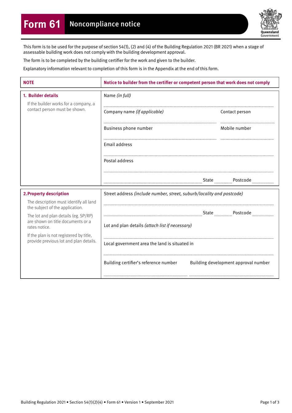 Form 61 Noncompliance Notice - Queensland, Australia, Page 1
