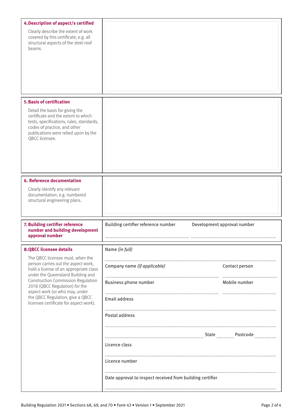 Form 43 Aspect Certificate (Qbcc Licensee) - Queensland, Australia, Page 2