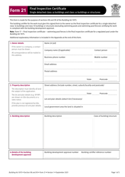 Form 21 &quot;Final Inspection Certificate - Single Detached Class 1a Buildings and Class 10 Buildings or Structures&quot; - Queensland, Australia