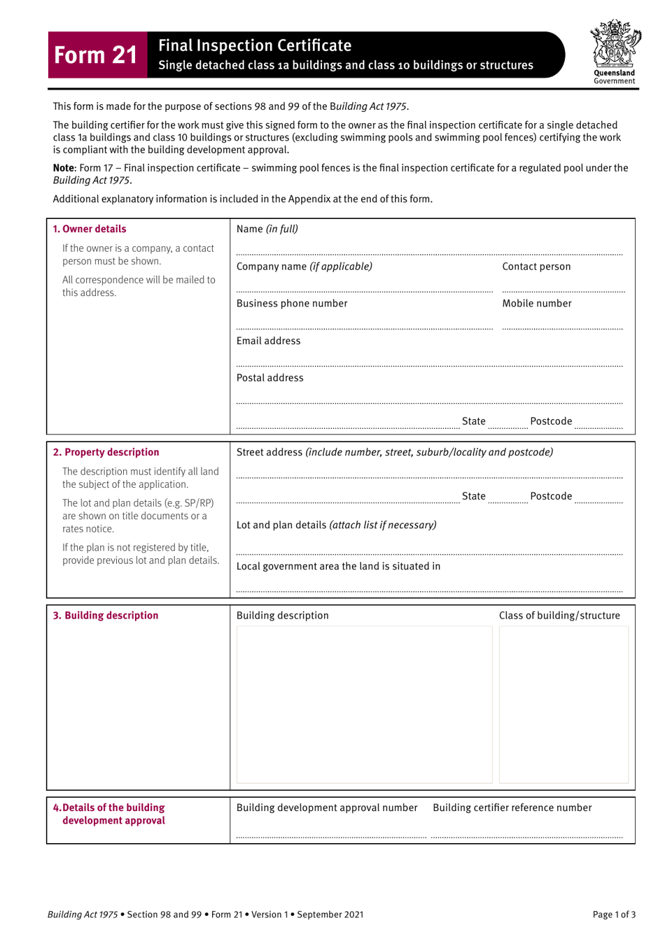 Form 21 Final Inspection Certificate - Single Detached Class 1a Buildings and Class 10 Buildings or Structures - Queensland, Australia, Page 1