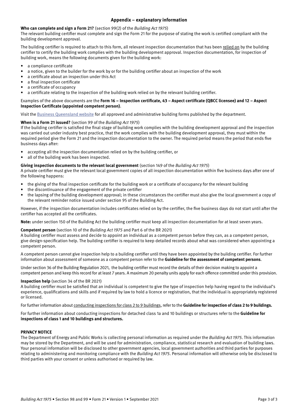 Form 21 Final Inspection Certificate - Single Detached Class 1a Buildings and Class 10 Buildings or Structures - Queensland, Australia, Page 3
