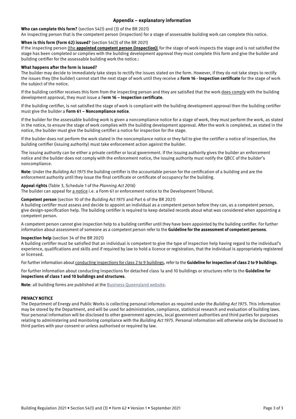 Form 62 Notice That the Stage of Work Does Not Comply (Appointed Competent Person) - Queensland, Australia, Page 3
