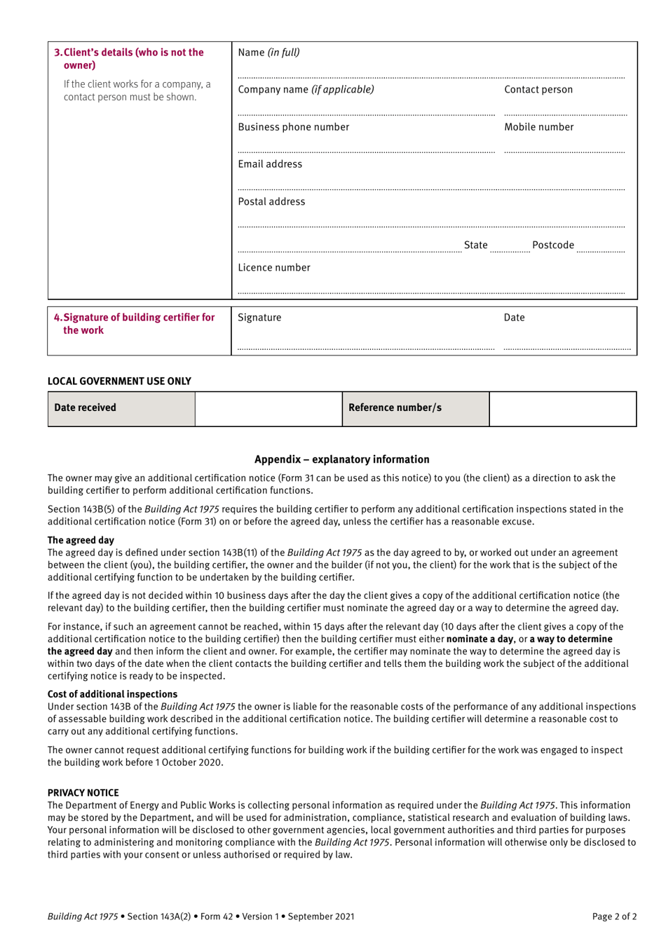 Form 42 Client (Where the Owner Is Not the Client) Gives Owners Details to the Private Certifier - Queensland, Australia, Page 2