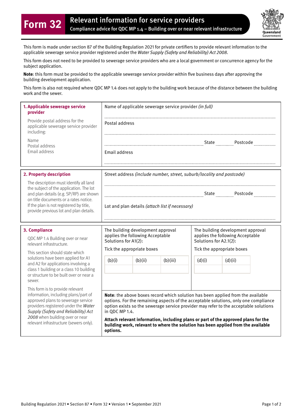 Form 32 Relevant Information for Service Providers - Queensland, Australia, Page 1