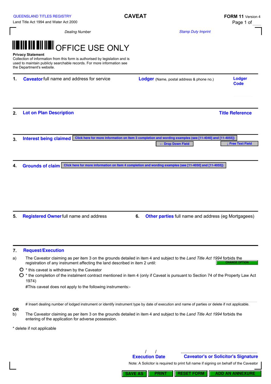 Form 11 Caveat - Queensland, Australia, Page 1
