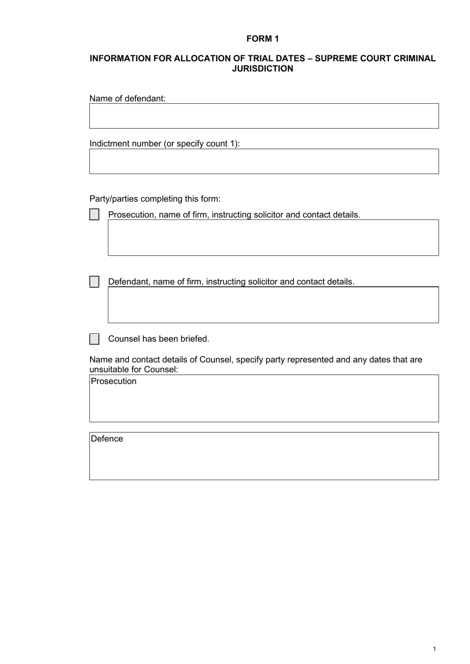 Form 1 Information for Allocation of Trial Dates - Queensland, Australia, Page 1