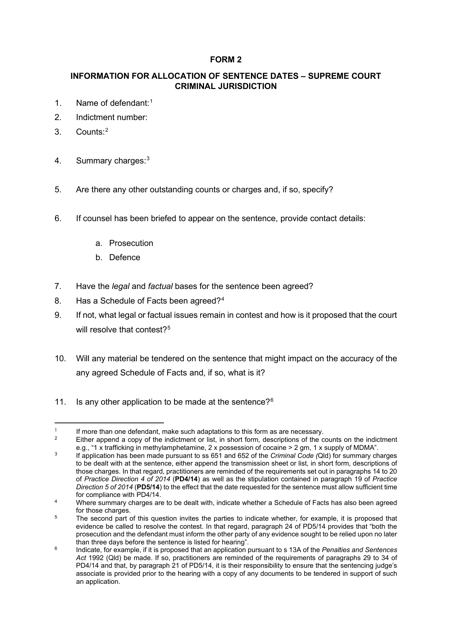 Form 2 Information for Allocation of Sentence Dates - Queensland, Australia