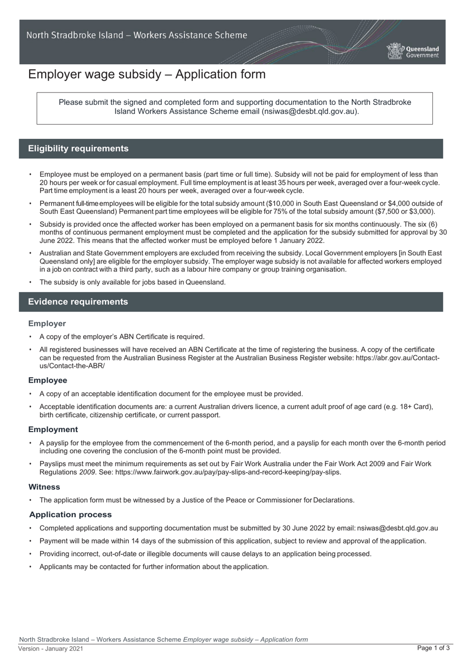 Employer Wage Subsidy Application Form - Queensland, Australia, Page 1