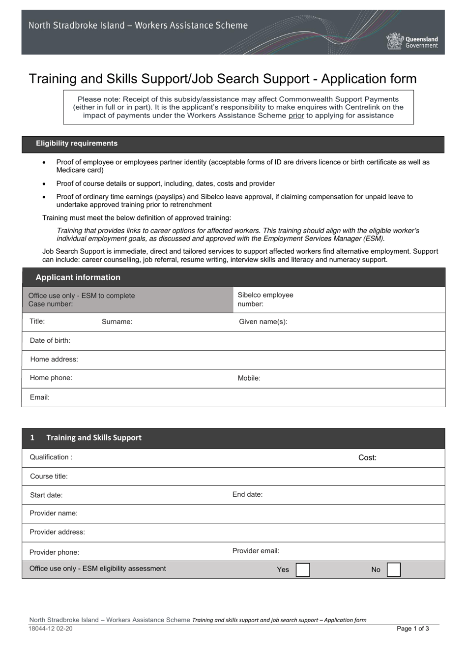 Form 18044-12 Training and Skills Support / Job Search Support - Application Form - Queensland, Australia, Page 1