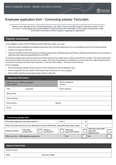 &quot;Employee Application Form - Commuting Subsidy: Ferry Claim&quot; - Queensland, Australia Download Pdf