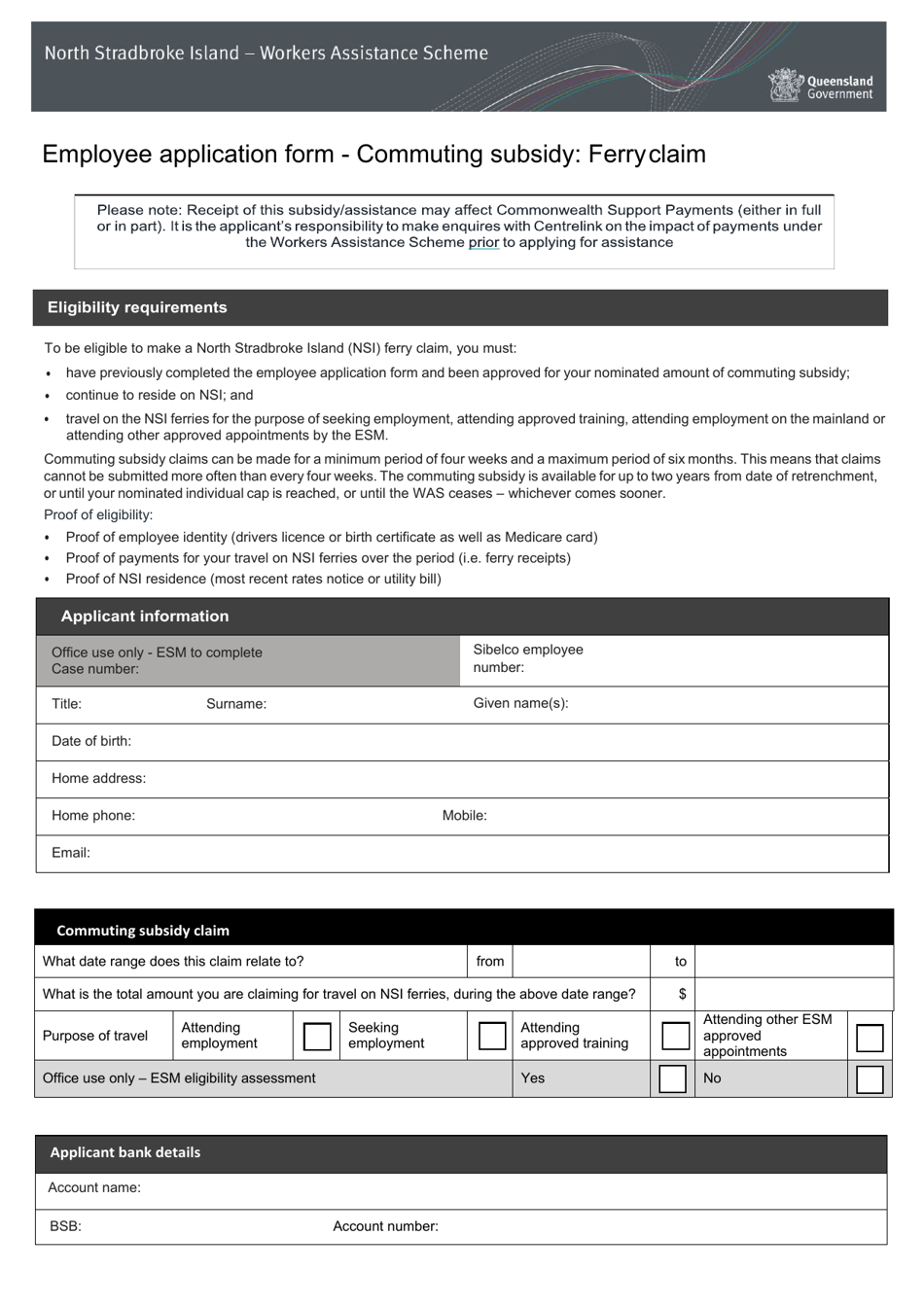 Employee Application Form - Commuting Subsidy: Ferry Claim - Queensland, Australia, Page 1