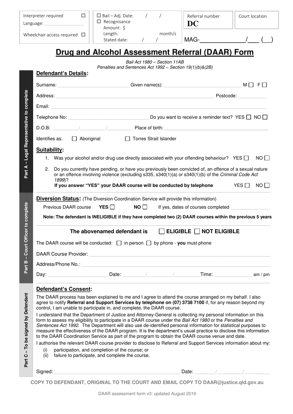 Queensland Australia Drug and Alcohol Assessment Referral (Daar) Form
