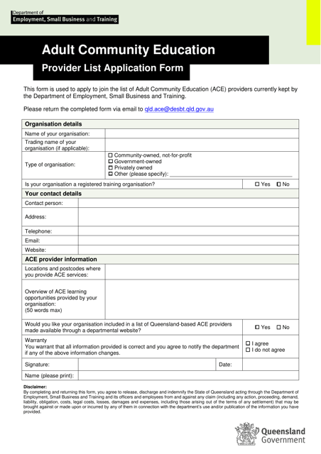Adult Community Education Provider List Application Form - Queensland, Australia Download Pdf