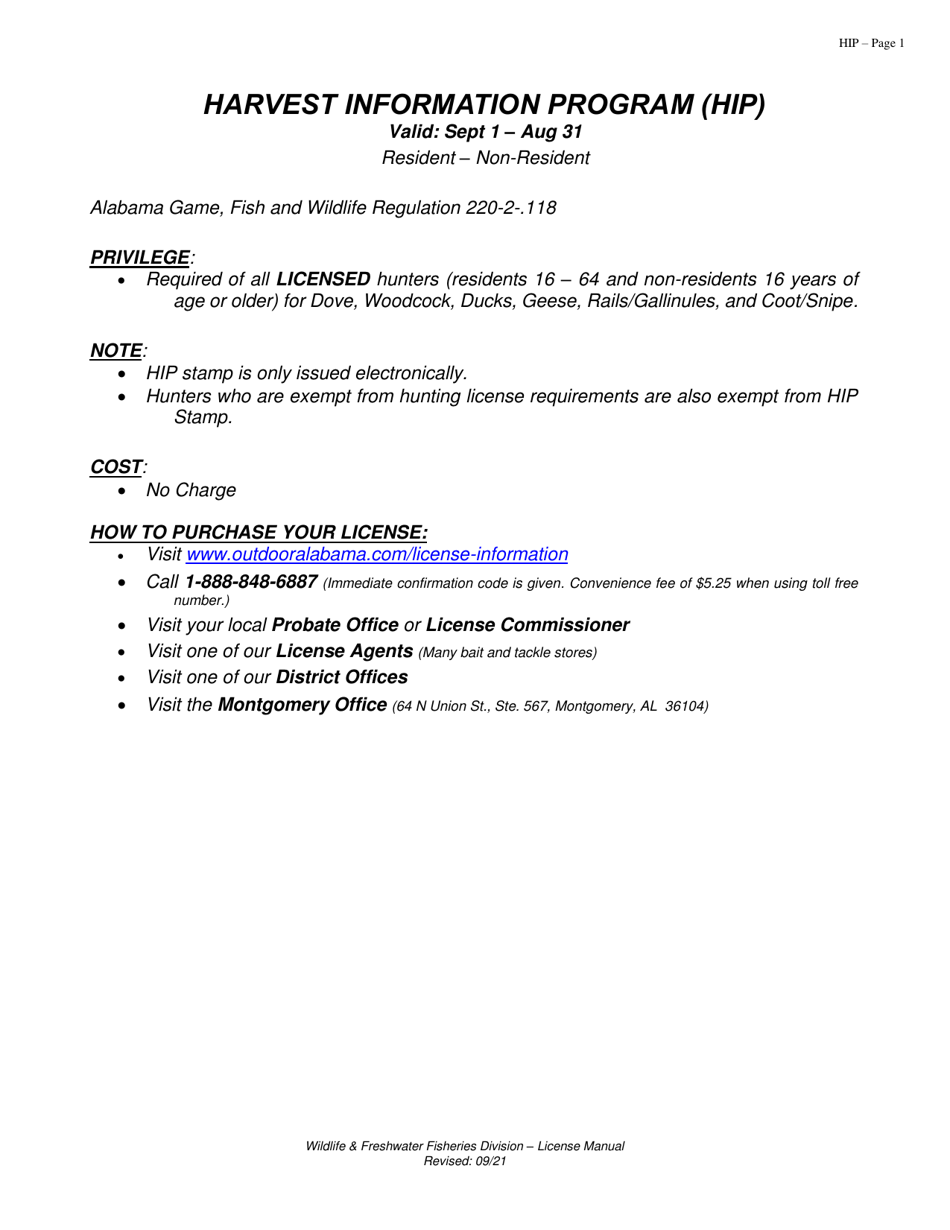 Alabama Harvest Information Program (Hip) License Fill Out, Sign Online and Download PDF