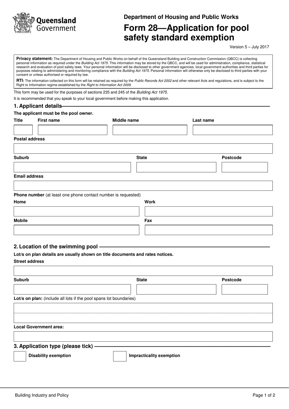 Form 28 Application for Pool Safety Standard Exemption - Queensland, Australia, Page 1