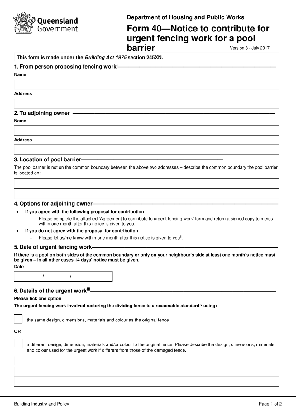 Form 40 Notice to Contribute for Urgent Fencing Work for a Pool Barrier - Queensland, Australia, Page 1