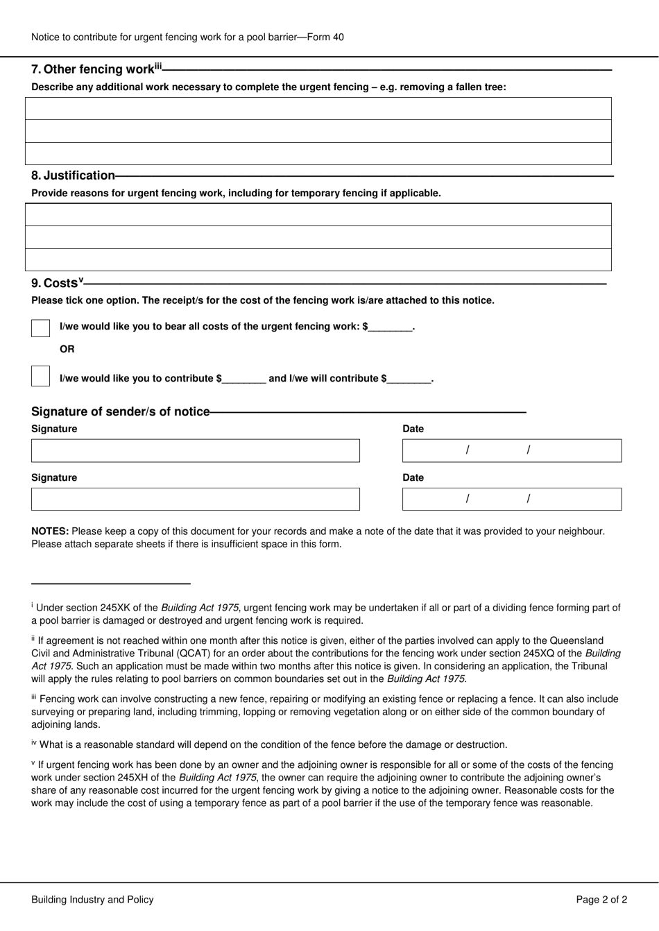 Form 40 Notice to Contribute for Urgent Fencing Work for a Pool Barrier - Queensland, Australia, Page 2