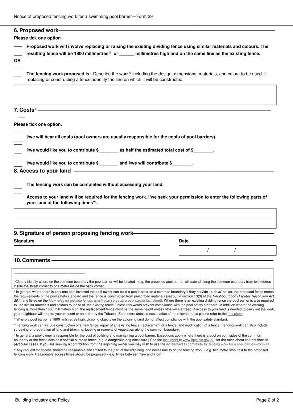 Form 39 Notice of Proposed Fencing Work for a Swimming Pool Barrier - Queensland, Australia, Page 2