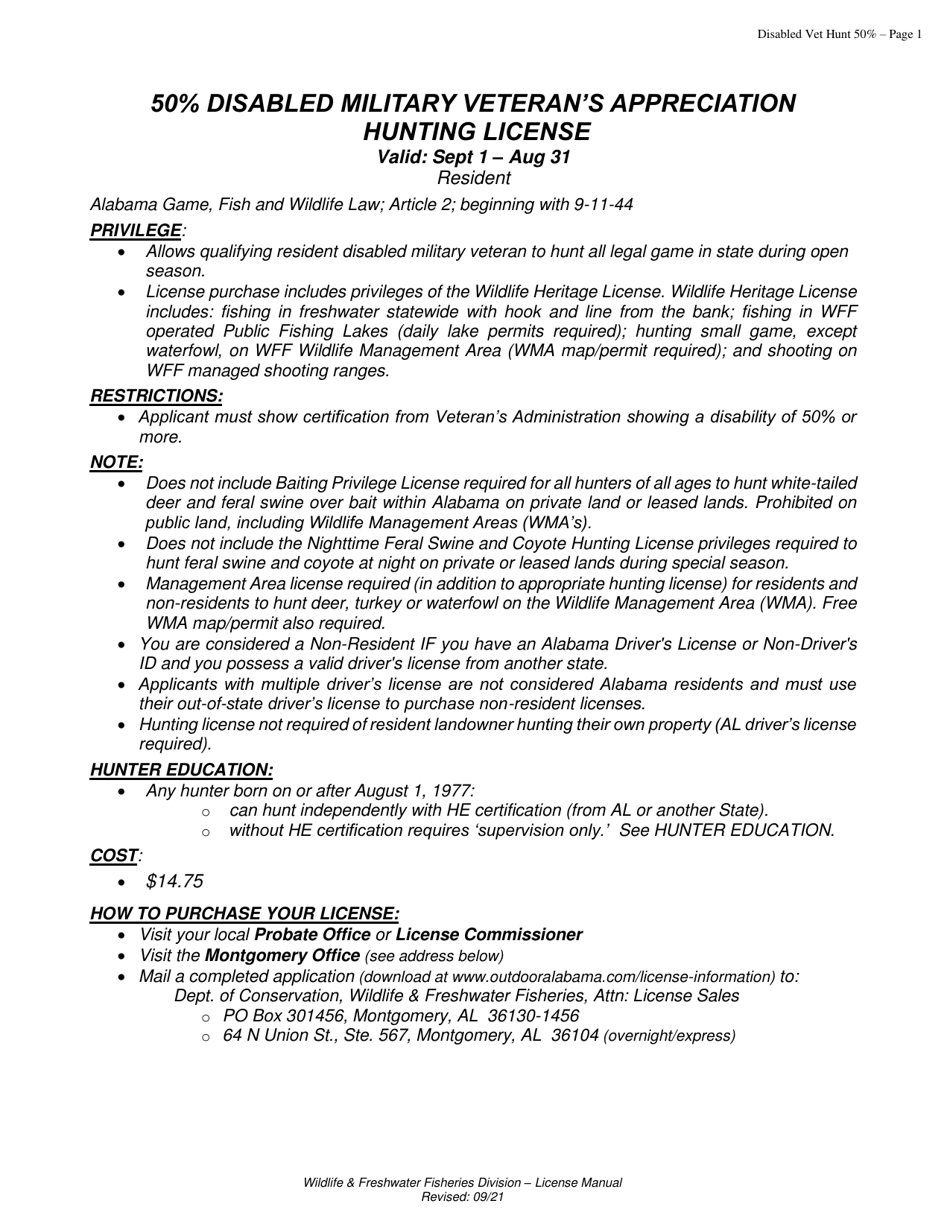 Alabama 50 Disabled Military Veteran's Appreciation Hunting License