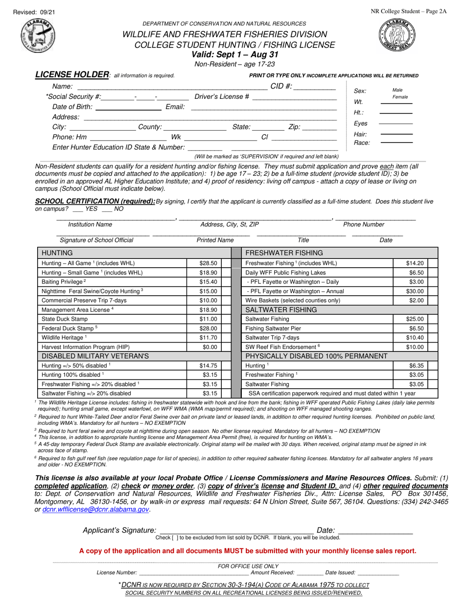 College Student Hunting / Fishing License - Non-resident - Age 17-23 - Alabama, Page 2