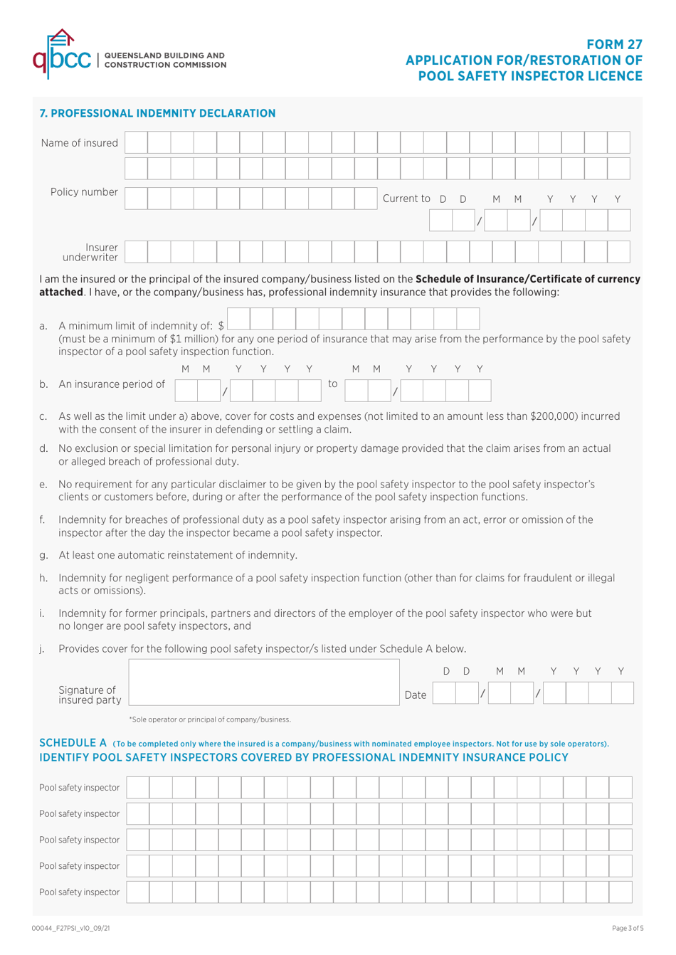 Form 27 Application for / Restoration of Pool Safety Inspector Licence - Queensland, Australia, Page 3
