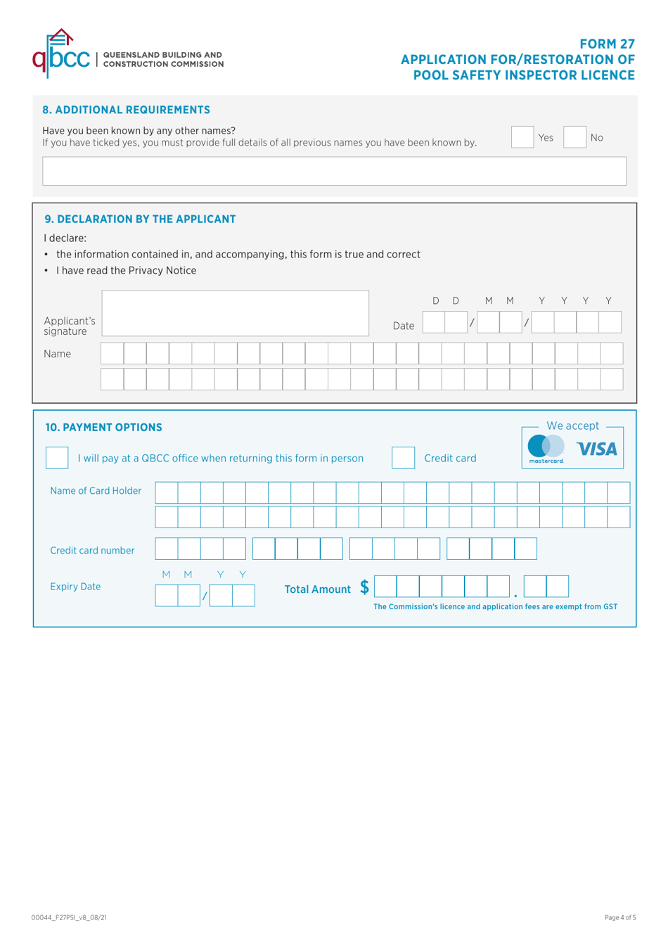 Form 27 Application for / Restoration of Pool Safety Inspector Licence - Queensland, Australia, Page 4