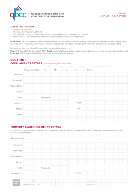 form 1 download printable pdf or fill online complaint against pool safety inspector queensland australia templateroller
