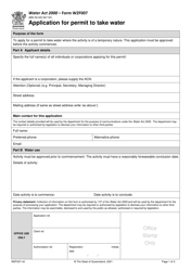 Document preview: Form W2F007 Application for Permit to Take Water - Queensland, Australia