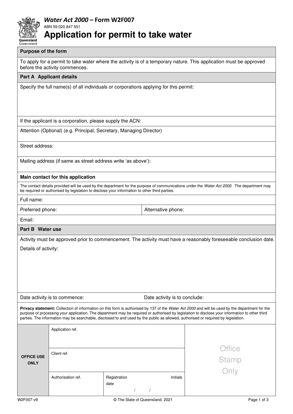 Form W2F007 Application for Permit to Take Water - Queensland, Australia, Page 1