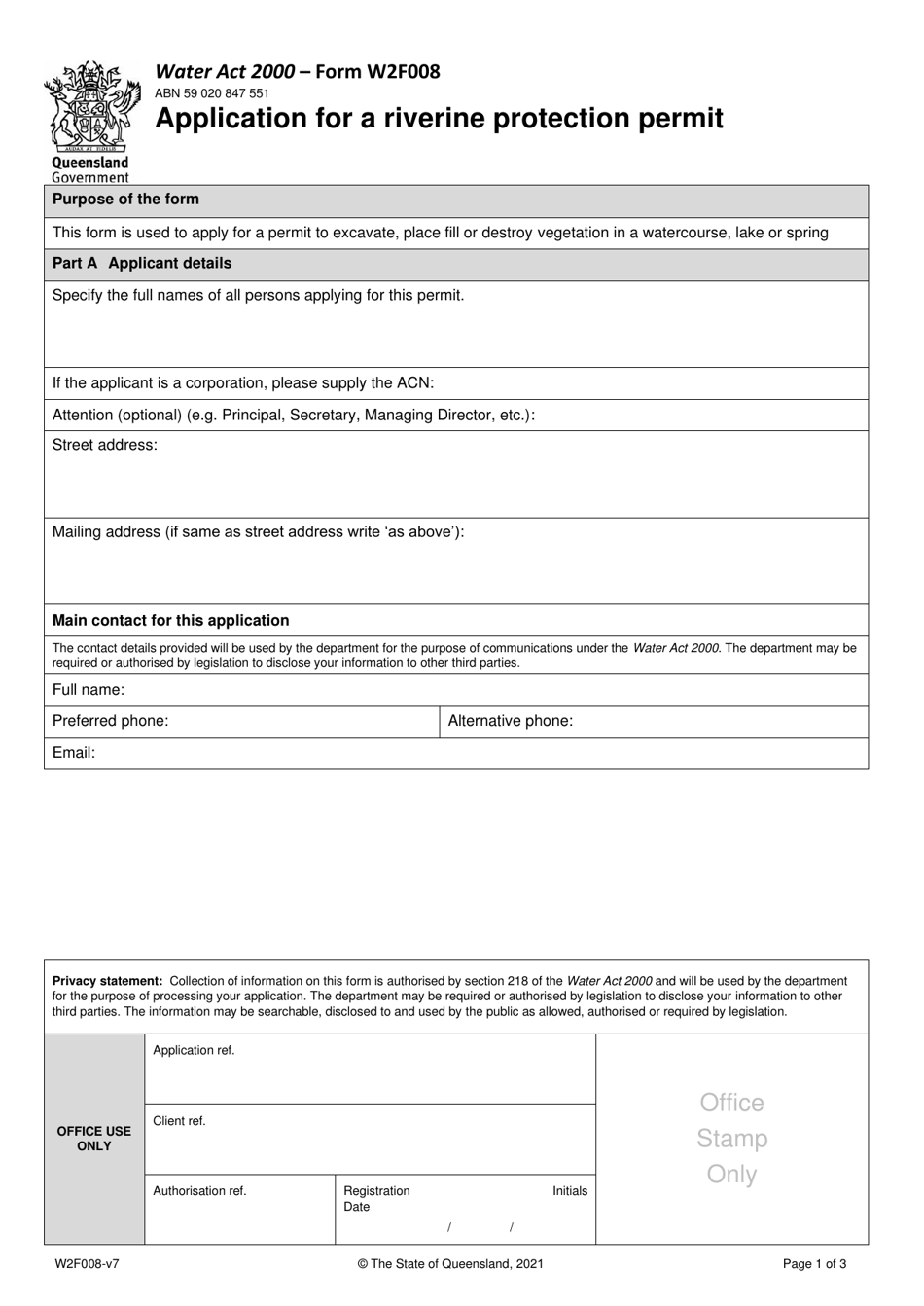 Form W2F008 Application for a Riverine Protection Permit - Queensland, Australia, Page 1