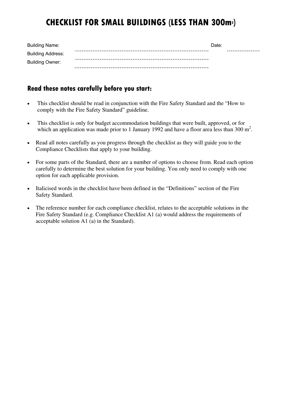Checklist for Small Buildings (Less Than 300m2) - Queensland, Australia, Page 1