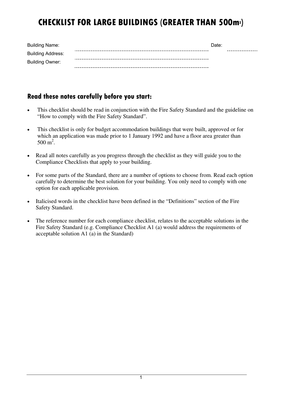 Checklist for Large Buildings (Greater Than 500m2) - Queensland, Australia, Page 1