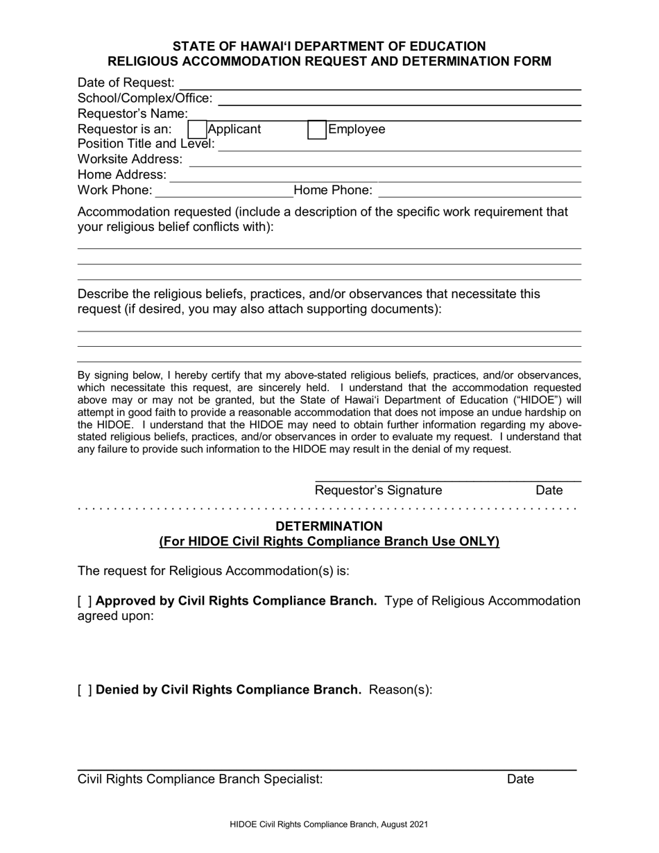 Religious Accommodation Request and Determination Form - Hawaii, Page 1