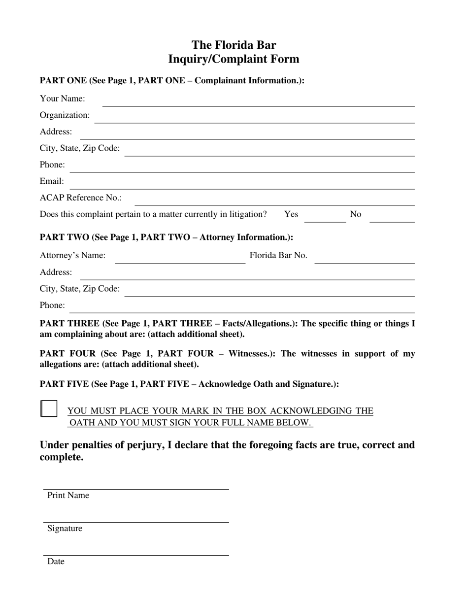Inquiry / Complaint Form - Florida, Page 3