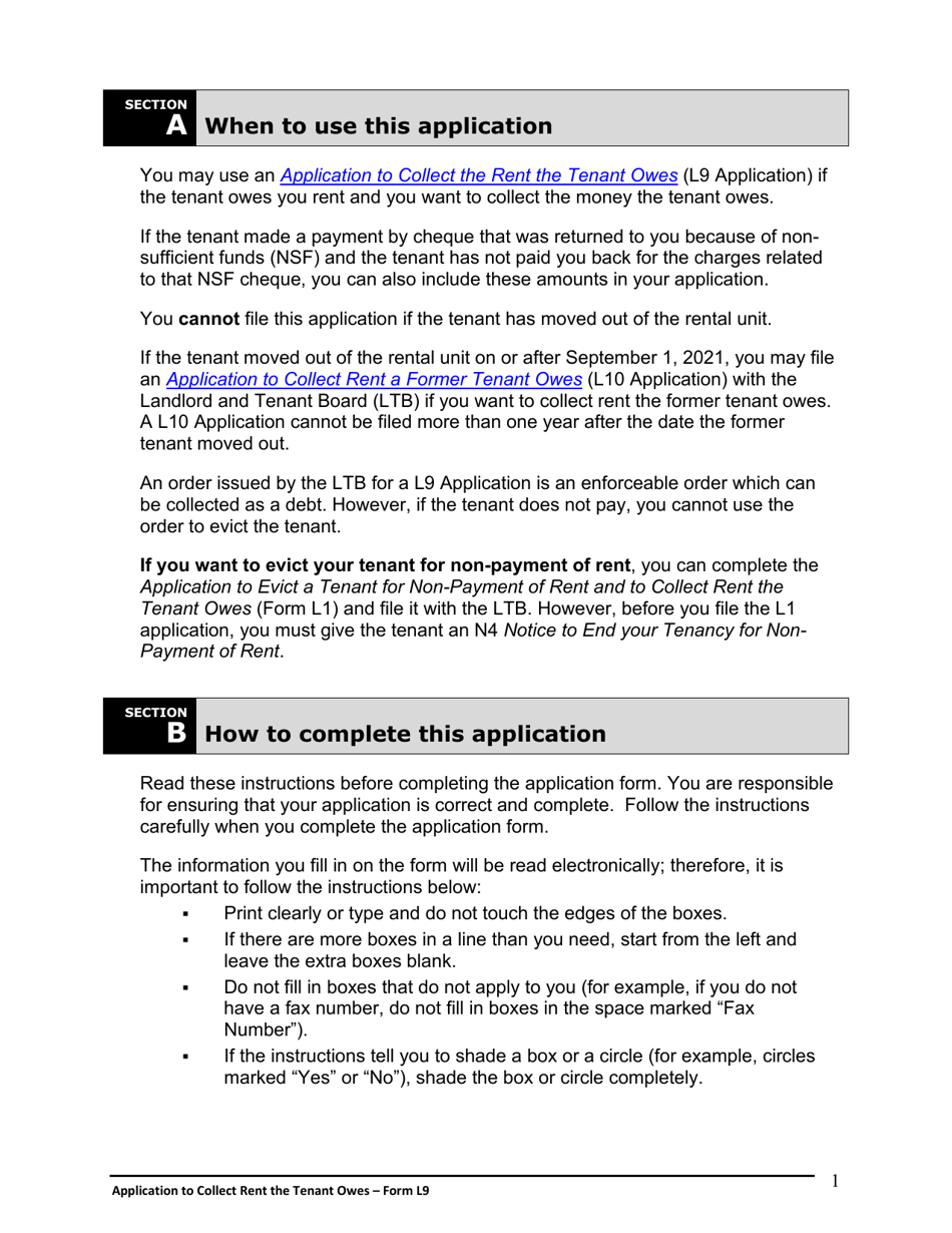 Instructions for Form L9 Application to Collect Rent the Tenant Owes - Ontario, Canada, Page 2