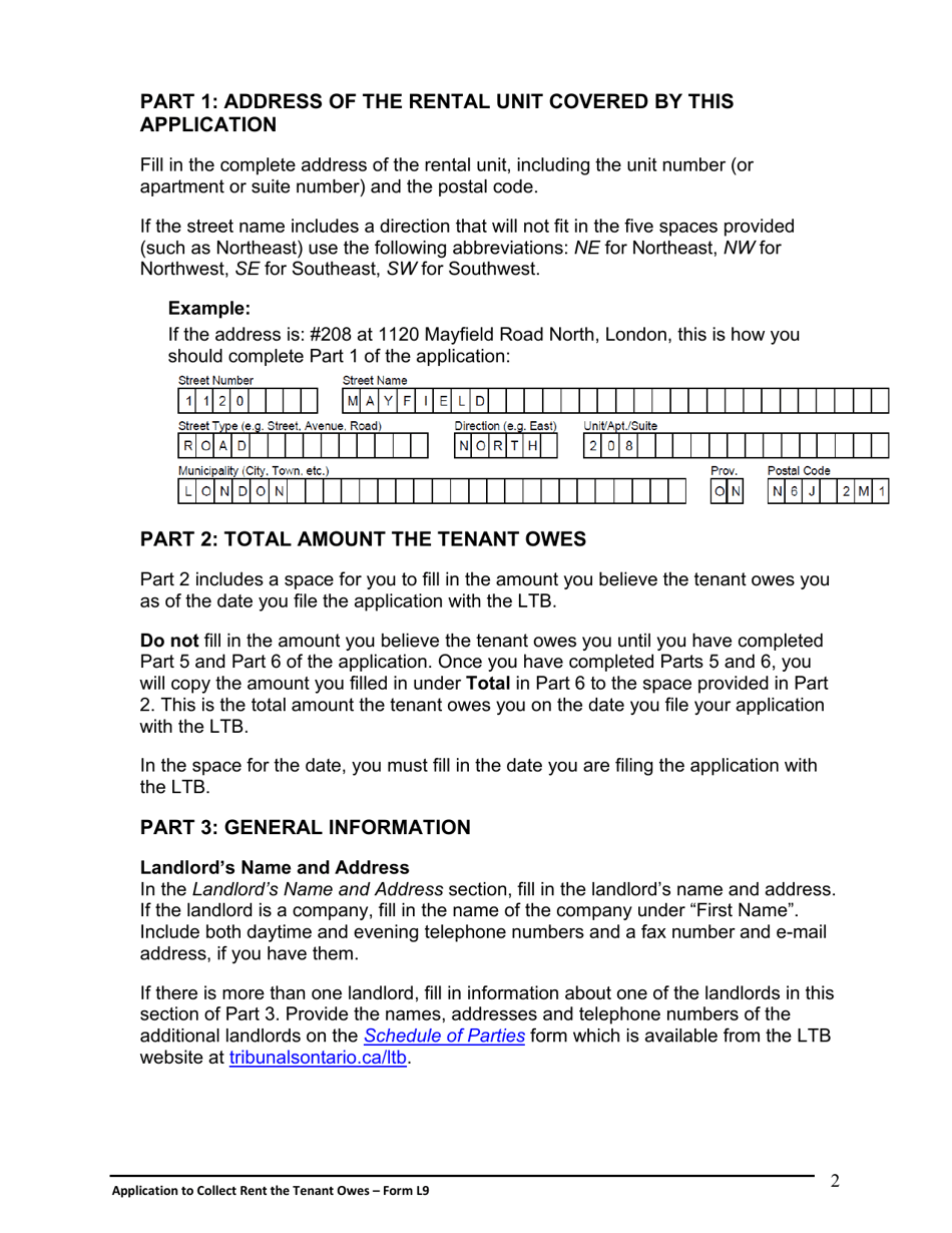 Instructions for Form L9 Application to Collect Rent the Tenant Owes - Ontario, Canada, Page 3