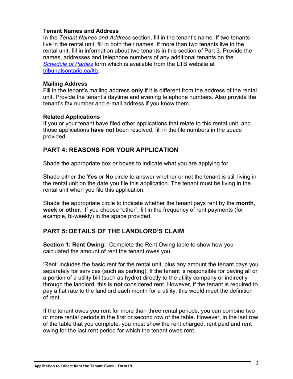 Instructions for Form L9 Application to Collect Rent the Tenant Owes - Ontario, Canada, Page 4