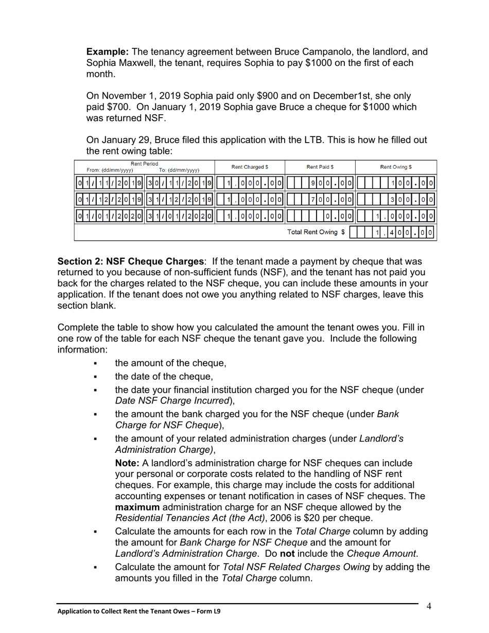 Instructions for Form L9 Application to Collect Rent the Tenant Owes - Ontario, Canada, Page 5