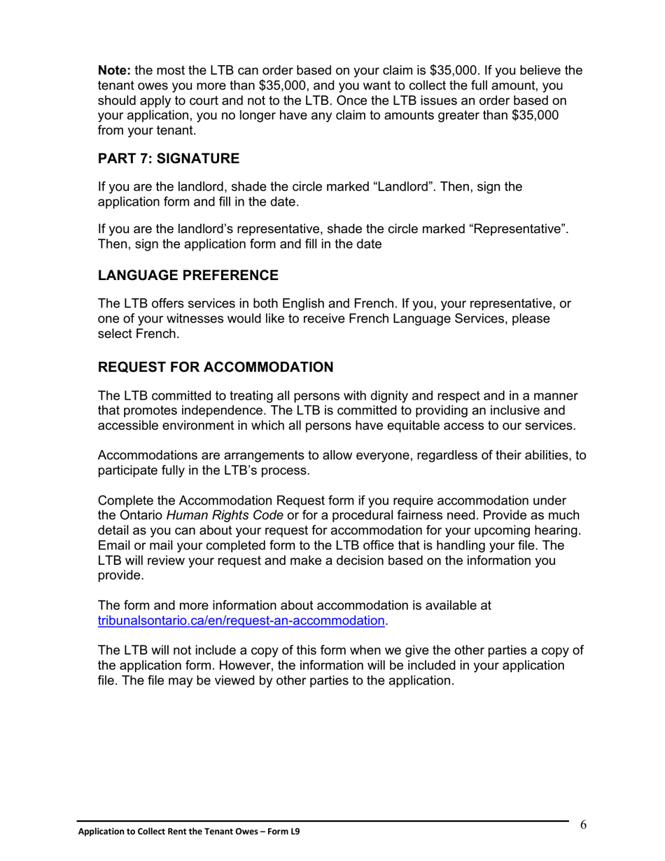 Instructions for Form L9 Application to Collect Rent the Tenant Owes - Ontario, Canada, Page 7